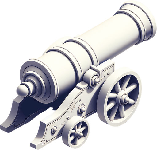 White cannon.
Single Game Texture.  In-Game asset.  2d.  Blank background.  High contrast.  No shadows