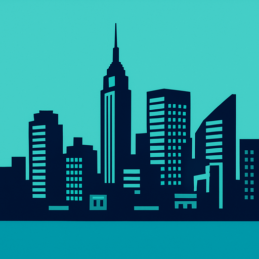 The skyline of a modern city.
In-Game asset.  2d.  High contrast.  No shadows