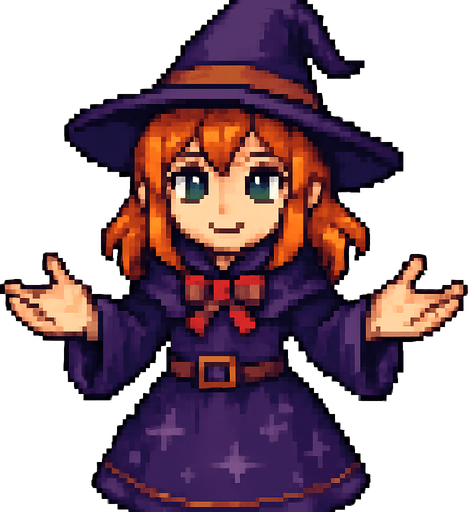 High-quality 2D pixel art of a young witch girl facing forward with her arms open, palms visible. She has vibrant orange hair, fair white skin, and bright green eyes. She is wearing a classic witch outfit: a wide-brimmed witch hat and a matching dress with magical details. The style is detailed 16-bit pixel art, with clean shading and strong contrast. The pose is welcoming or spellcasting, and she is directly facing the viewer. Transparent background..
In-Game asset.  2d.  High contrast.  No shadows