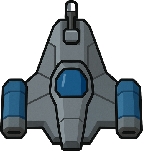 Design a basic 2D top-down spaceship with a compact, angular body and minimal detailing. The ship should have a small central cockpit, two modest rear thrusters, and one weapon mount. Colors are simple — grays and blues — suggesting a utilitarian design. It should look like a beginner’s ship: reliable but not advanced.
In-Game asset.  2d.  High contrast.  No shadows