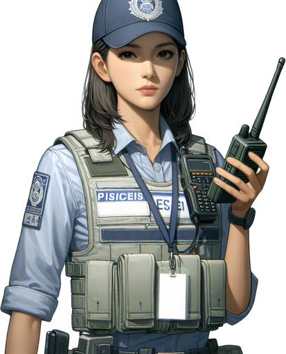 A security guard.
Single Game Texture. In-Game asset. 2d. Blank background. High contrast. No shadows.