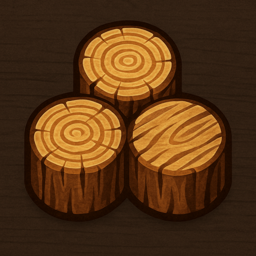 Crea un icono de madera que represente el recurso de construcción y mejora. Debe ser una pila de troncos cortados o un fajo de tablones de madera, vistos directamente desde arriba. La superficie superior debe mostrar la textura de la madera (anillos de crecimiento, vetas) y un sombreado que dé volumen a la pila..
In-Game asset.  2d.  High contrast.  No shadows