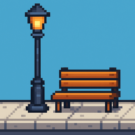 sokak lambası kaldırım ve bank pixel.
In-Game asset.  2d.  High contrast.  No shadows