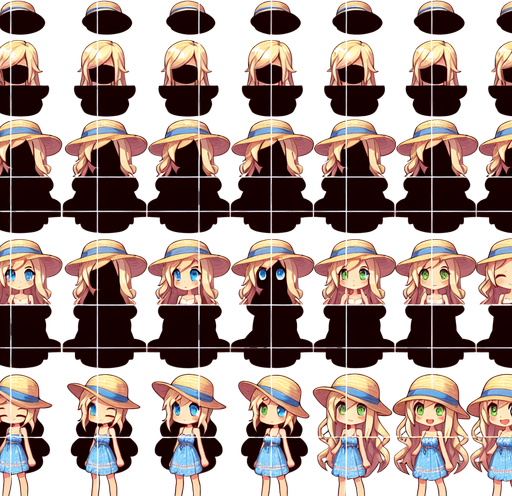 A spritesheet with a number of poses of a happy blond girl with blue eyes wearing a modern sunhat and summer dress, smiling, working, waiting, standing, turning, etc.The spritesheet should be laid out in a rectangular grid with clear space between each individual sprite. Each sprite in the sheet should be around 300x600 pixels in size.
Single Game Texture. In-Game asset. 2d. Blank background. High contrast. No shadows.