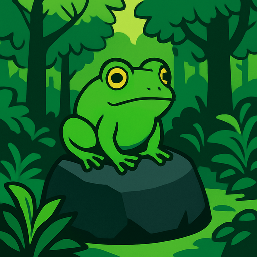 gambar 2d anime kodok hijau di atas batu hitam dalam hutan.
In-Game asset.  2d.  High contrast.  No shadows