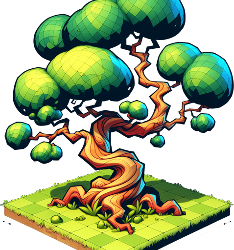 cartoony art style single tree.
In-Game asset.    Blank background.  High contrast.