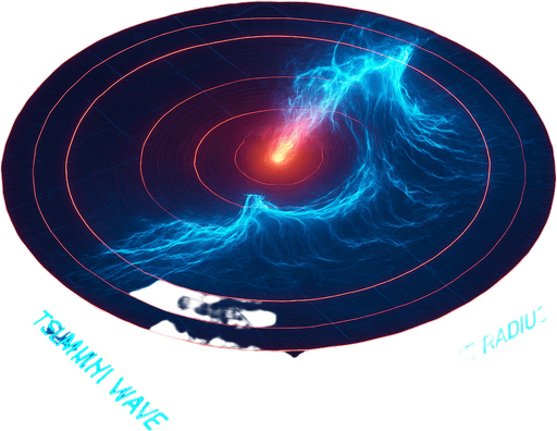 Overhead digital simulation hologram of oceanic meteor impact tsunami wave shockwave radius circle outward crashing neon cyberpunk 3d diagram