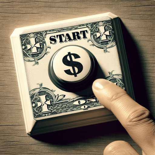face view of a big start button in the shape of a dollar bill.
video game style