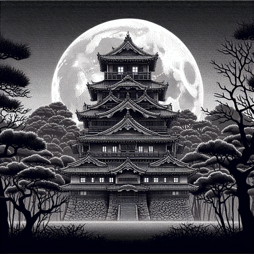 2d image. ancient meiji castle japan at night on full moon.
Single Game Texture.  In-Game asset.  2d.  Blank background.  High contrast.  No shadows. 2d image. full moon night. ancient temple meiji castle. surround of japanese forest