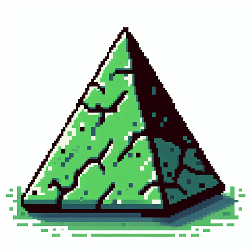 A pixel art triangle obstacle, colored green, with a textured surface and cracks indicating wear and tear..
Single Game Texture. In-Game asset. 2d. Blank background. High contrast. No shadows.