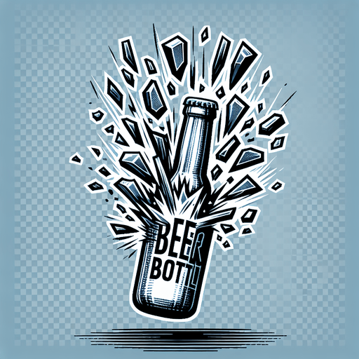 vertical exploded glass beer bottle.
Single Game Texture. In-Game asset. 2d. Blank background. High contrast. No shadows.