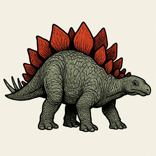 A large Stegosaurus dinosaur with a bulky body covered in grayish-green rough scaly skin. Its back is lined with two rows of large, reddish plates that gradually taper toward the tail. The tail ends with four long, sharp spikes (thagomizer) for defense. The small head has a beaked mouth and gentle eyes. The skin shows detailed scales and subtle wrinkles, giving it a lifelike prehistoric look..
In-Game asset.  2d.  High contrast.  No shadows