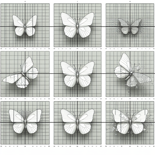 detailled frames of a White butterfly flight.
Zenith view. Grid of frames. Blank background.