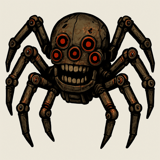 creepy animatronic spider.
In-Game asset.  2d.  High contrast.  No shadows