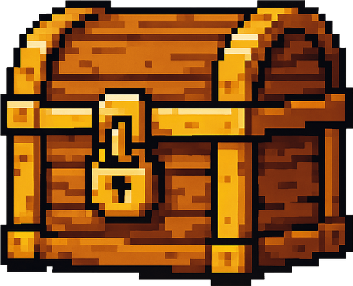 pixel tahta bir hazine kutusu.
In-Game asset.  2d.  High contrast.  No shadows