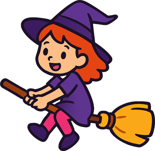 litle girl ride flyng broom stick.
In-Game asset.  2d.  High contrast.  No shadows