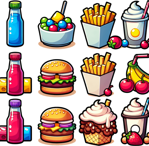 cartoon food.
Single Game Texture.  In-Game asset.  2d.  Blank background.  High contrast.  No shadows