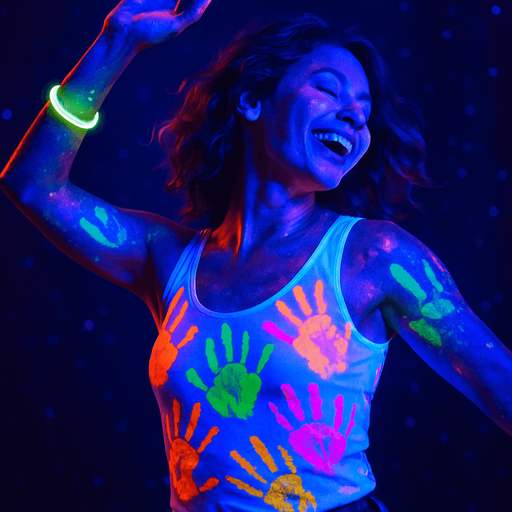 Dancing woman in a white top filled with multi-colored UV ink palm prints. UV luminous bracelet on the arm