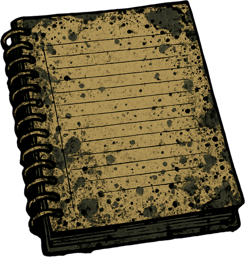 A dirty notebook like it was in a abandoned school.
In-Game asset.  2d.  High contrast.  No shadows