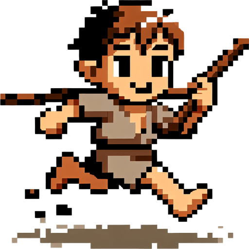 Pixel art,   kid running with a stick..
Single Game Texture. In-Game asset. 2d. Blank background. High contrast. No shadows.