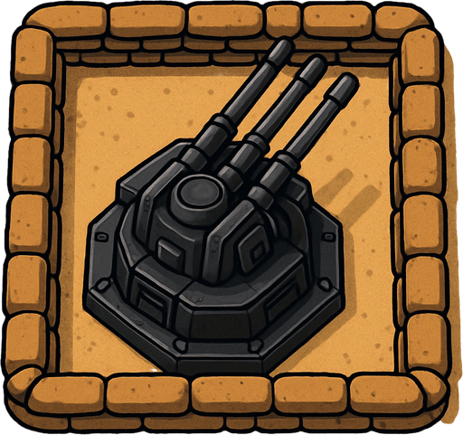 Top view of an Black defense Military tower large Anti air automatic triple barrel cannons, in the desert, the image has a square border outlined by military defense Brown sandbags.
In-Game asset.  2d.  High contrast.  No shadows