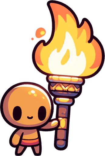 Si tu souhaites créer un personnage tenant une torche pour ton jeu, voici quelques conseils pour le design :

    Design du personnage :

        Proportions simples : Garde le design du personnage simple et épuré, avec une silhouette facilement reconnaissable. Il pourrait être petit et mignon, dans un style cartoon.

        Torche : La torche devrait être grande par rapport à la taille du personnage, avec une flamme vive pour ajouter du dynamisme. Assure-toi que la flamme est visible et lumineuse, avec des dégradés de jaune et orange..
Single Game Texture.  In-Game asset.  2d.  Blank background.  High contrast.  No shadows
