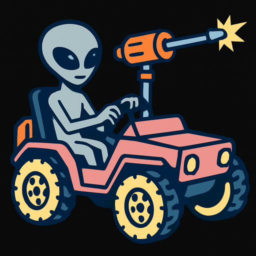 Grey alien driving a moon buggy space car with a laser cannon mounted on the roof.
In-Game asset.  2d.  High contrast.  No shadows