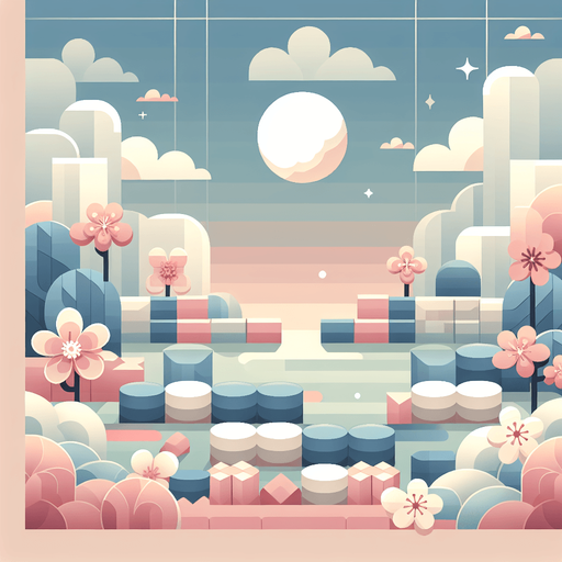 Background for relaxing puzzle game. Pastel colors, flat shaded, vector art. Flowers. Blocks. Relaxing. Clouds Single Game Texture. In-Game asset. 2d. Blank background. High contrast. No shadows.