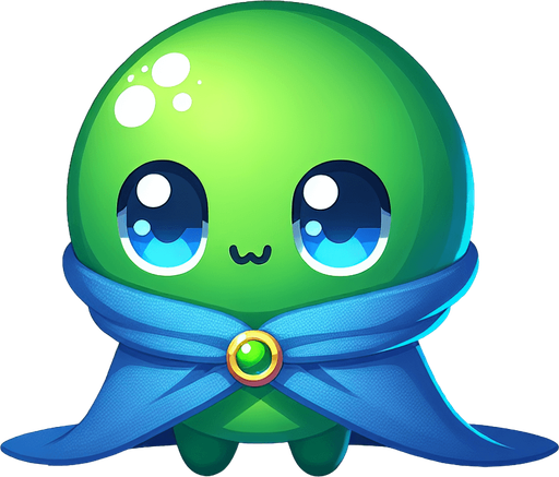 Uma bolinha verde dos olhos azuis fofo com uma capa azul fundo png 2d.
Single Game Texture. In-Game asset. 2d. Blank background. High contrast. No shadows.