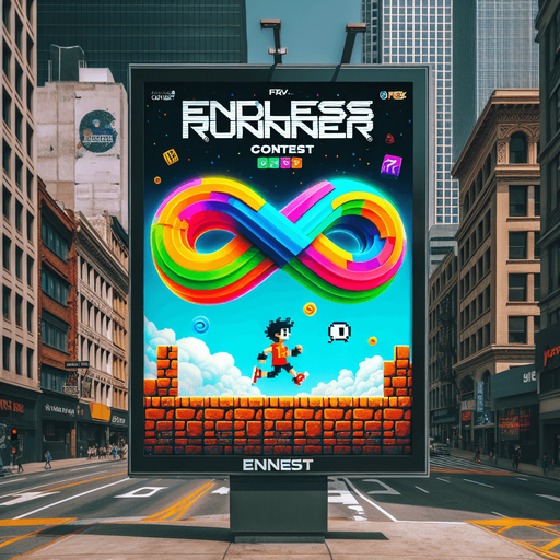 street ad billboard with the FRVR logo (multi-color infinte sign with right loop bigger than the left one) about the "Endless Runner Contest".
high definition video game sprite
