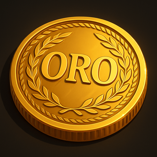 High-resolution digital illustration of a single gold coin lying flat, embossed in the center with the word ‘ORO’ in bold, elegant capital letters. The coin features a finely detailed rim pattern (e.g. laurel wreath or rope motif), a polished metallic surface with realistic reflections and highlights, and a slight bevel on the edges. Dramatic side lighting casts soft shadows, set against a dark gradient background for contrast. Rendered in a semi-realistic 3D style.
In-Game asset.  2d.  High contrast.  No shadows