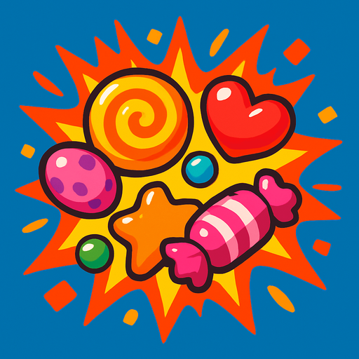 candy explosion.
In-Game asset.  2d.  High contrast.  No shadows