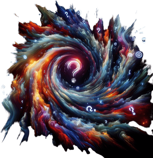 A jagged tear or swirling vortex in space, leaking multi-colored, chaotic energy. Could incorporate shifting, abstract symbols or question marks within the rift..
Single Game Texture.  In-Game asset.  2d.  Blank background.  High contrast.  No shadows