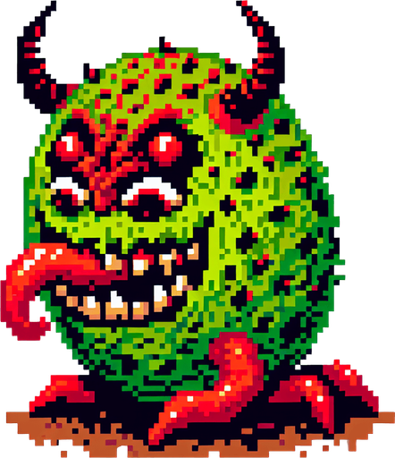 a demonic kiwi, pixel style.
Single Game Texture.  In-Game asset.  2d.  Blank background.  High contrast.  No shadows