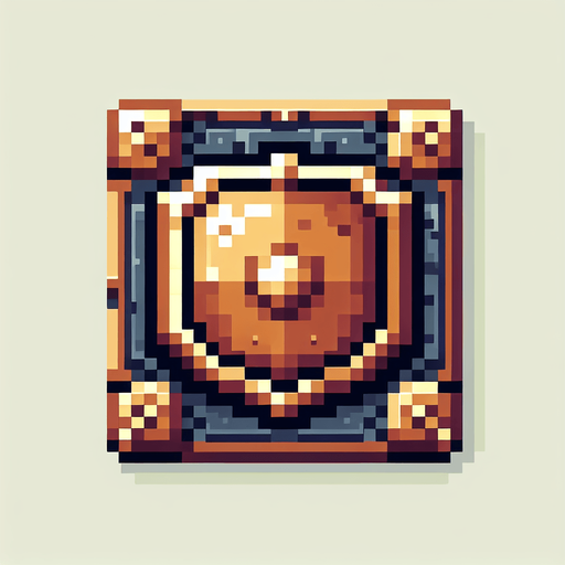 Square flat shield made of bronze pixelart rectangular.
Single Game Texture. In-Game asset. 2d. Blank background. High contrast. No shadows.