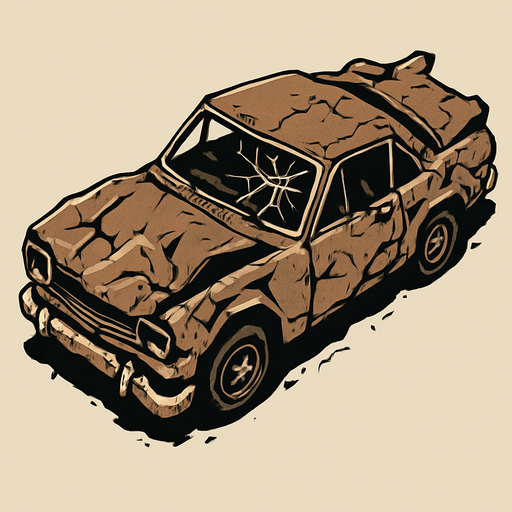 Coche destruido, algo retro visto desde arriba y en posición horizontal.
In-Game asset.  2d.  High contrast.  No shadows