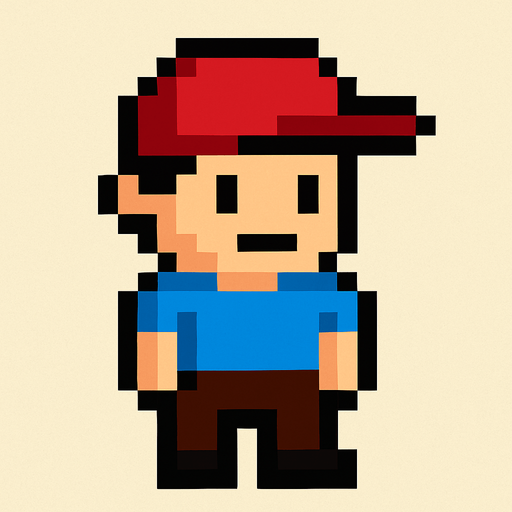 a pixel boy with a hat and a t-shirt.
In-Game asset.  2d.  High contrast.  No shadows