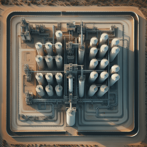 Simple Spice Refinery with silos and a rectangular fence..
Zenith view Directly overhead. Plumb view.