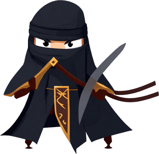 Ninja. No background. Transparent background. Blank background. No shadows. 2d. In-Game asset. flat