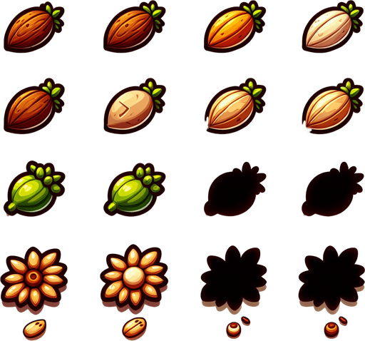 A sprite sheet of seeds. Cartoon..
Single Game Texture. In-Game asset. 2d. Blank background. High contrast. No shadows.