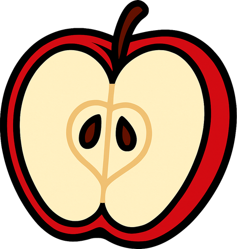 Manzana Fruta cortada a la mitad.
In-Game asset.  2d.  High contrast.  No shadows. Cartoon.