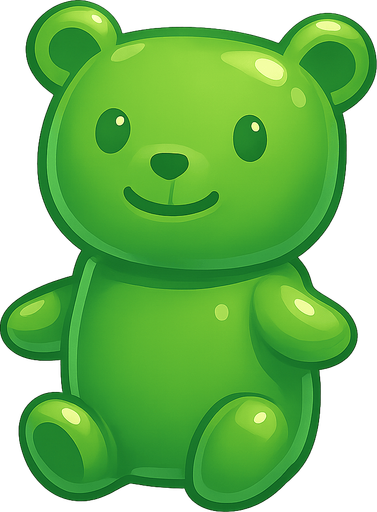 green gummy bear candy shiny and cute (sitting). No background. Transparent background. Blank background. No shadows. 2d. In-Game asset. flat