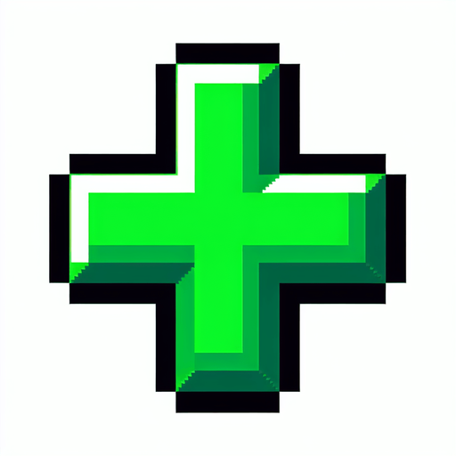 A bright green + symbol for a game GUI element.
Single Game Texture.  In-Game asset.  2d.  Blank background.  High contrast.  No shadows. 8-bit art style