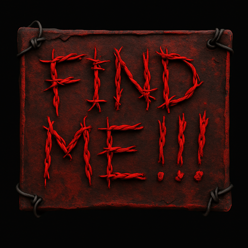 Scary sign have galvanized wires for message with description "find me!!!".red color text
In-Game asset.  High contrast.  No shadows. 3D