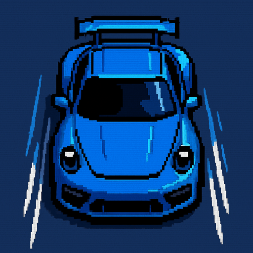 carro azul deportivo con la perspectiva hacia arriba.
In-Game asset.  2d.  High contrast.  No shadows hecho con pixeles acelerando con perspectiva trasera sin el rastro
