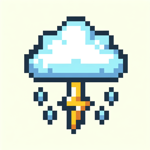 Retro art rain cloud with lighting bolt coming out the bottom 2d pixel art button logo.
Single Game Texture. In-Game asset. 2d. Blank background. High contrast. No shadows.