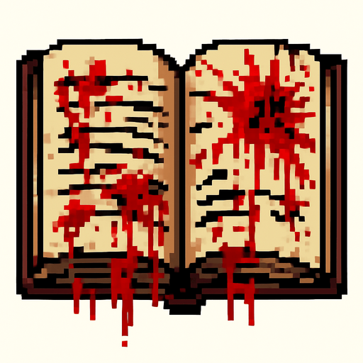 an open book with blood, terrifying pixel art.
In-Game asset.  2d.  High contrast.  No shadows