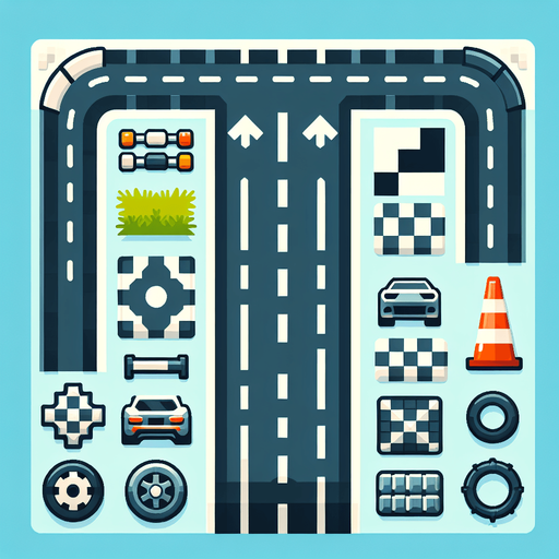 A road going left turn right turn speed pump & obstacle.
Single Game Texture.  In-Game asset.  Blank background.  High contrast.  No shadows