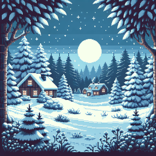 gif pixel art for game background, snow on the ground, houses in the far background and moonligh, trees on the left and right, cozy Christmas atmosphere Single Game Texture. In-Game asset. 2d. Blank background. High contrast. No shadows.