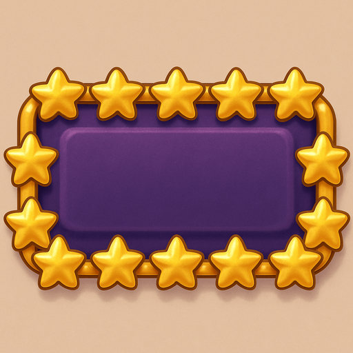 A button without text, background color #480070. A border of golden stars. This is a majestic button. 350 px wide, 100px high. Cute soft graphics. soft ambient light. semi-matte to satin surfaces. naturalistic with slight saturation boost colors. 
In-Game asset.  2d.  High contrast.  No shadows. top down.